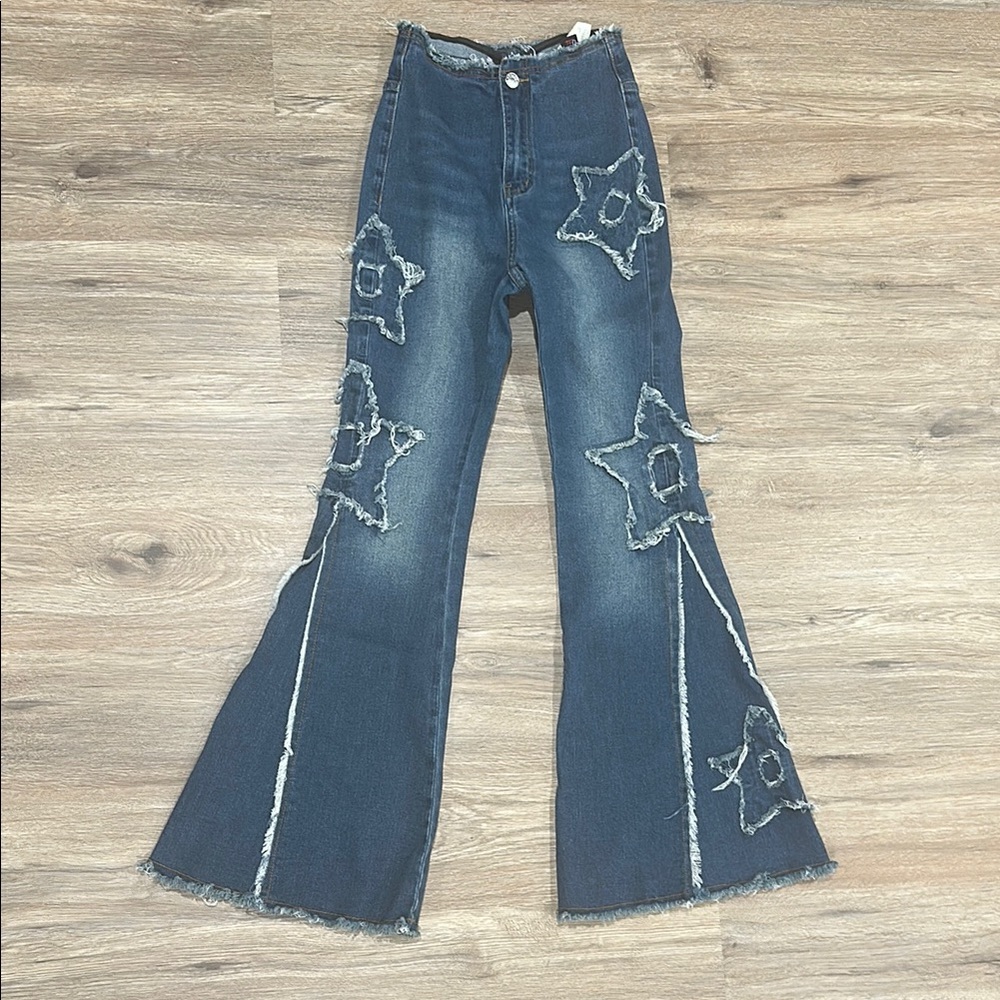 Women's Flared Jeans with Star Accents - Blue